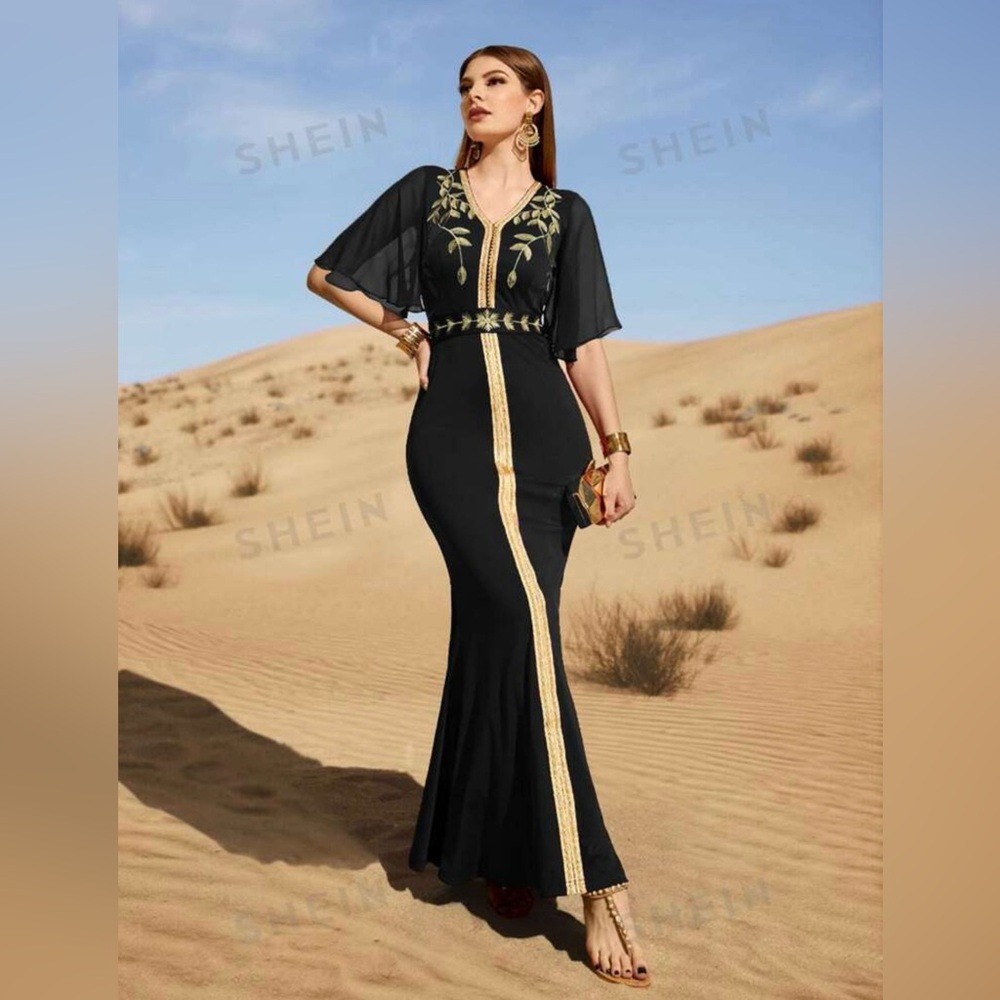 Black Maxi Dress with Sheer Butterfly Sleeves and Embroidered Gold Leaves